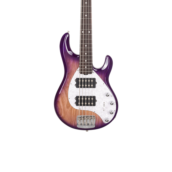 Front of Ernie Ball Music Man StingRay Special 5 HH Purple Sunset Rosewood White Pearloid PG.