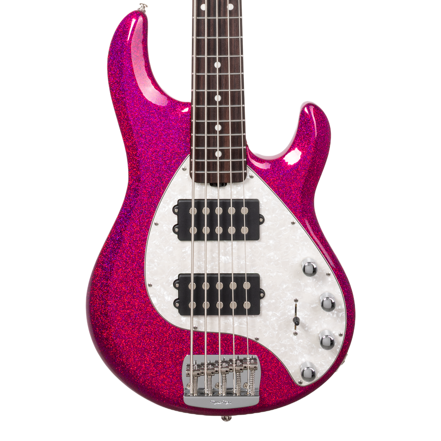 Front of Ernie Ball Music Man StingRay Special 5 HH Soda Pink Sparkle MP.