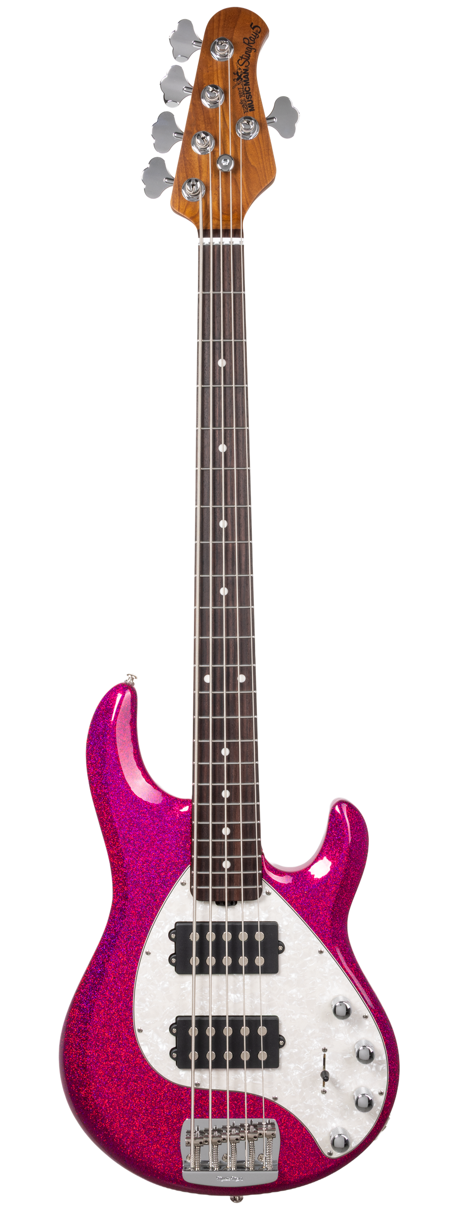 Full frontal of Ernie Ball Music Man StingRay Special 5 HH Soda Pink Sparkle MP.
