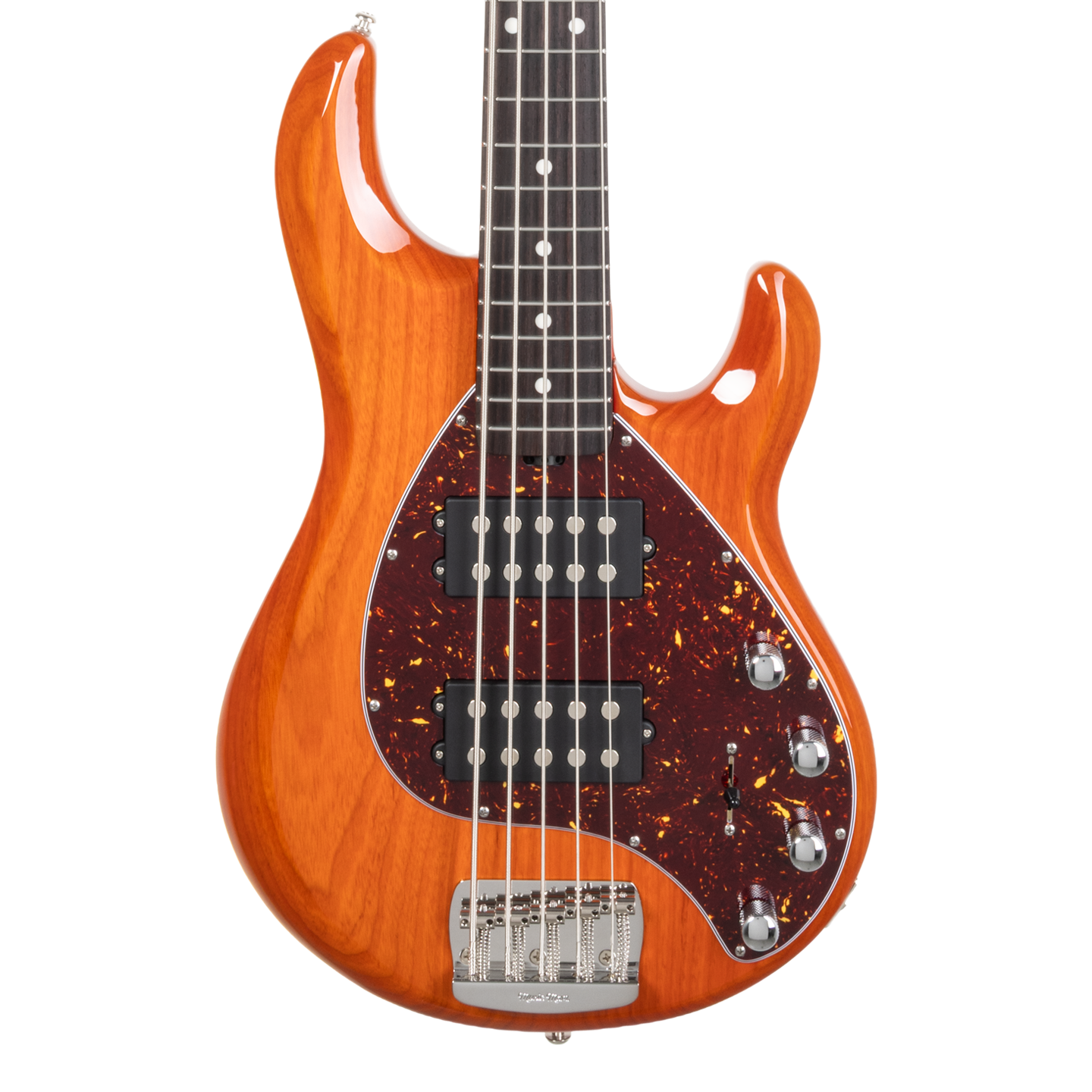 Front of Ernie Ball Music Man StingRay Special 5 HH Translucent Orange RW.