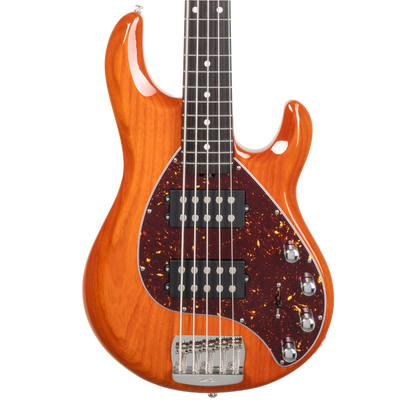 Front of Ernie Ball Music Man StingRay Special 5 HH Translucent Orange RW.