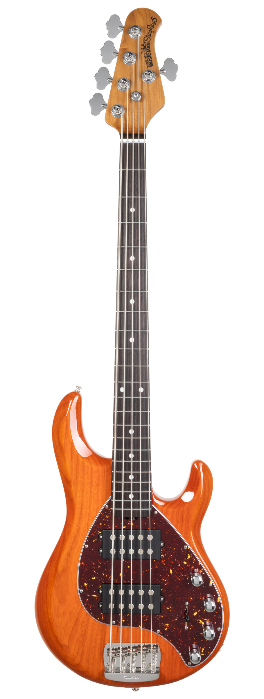 Full frontal of Ernie Ball Music Man StingRay Special 5 HH Translucent Orange RW.