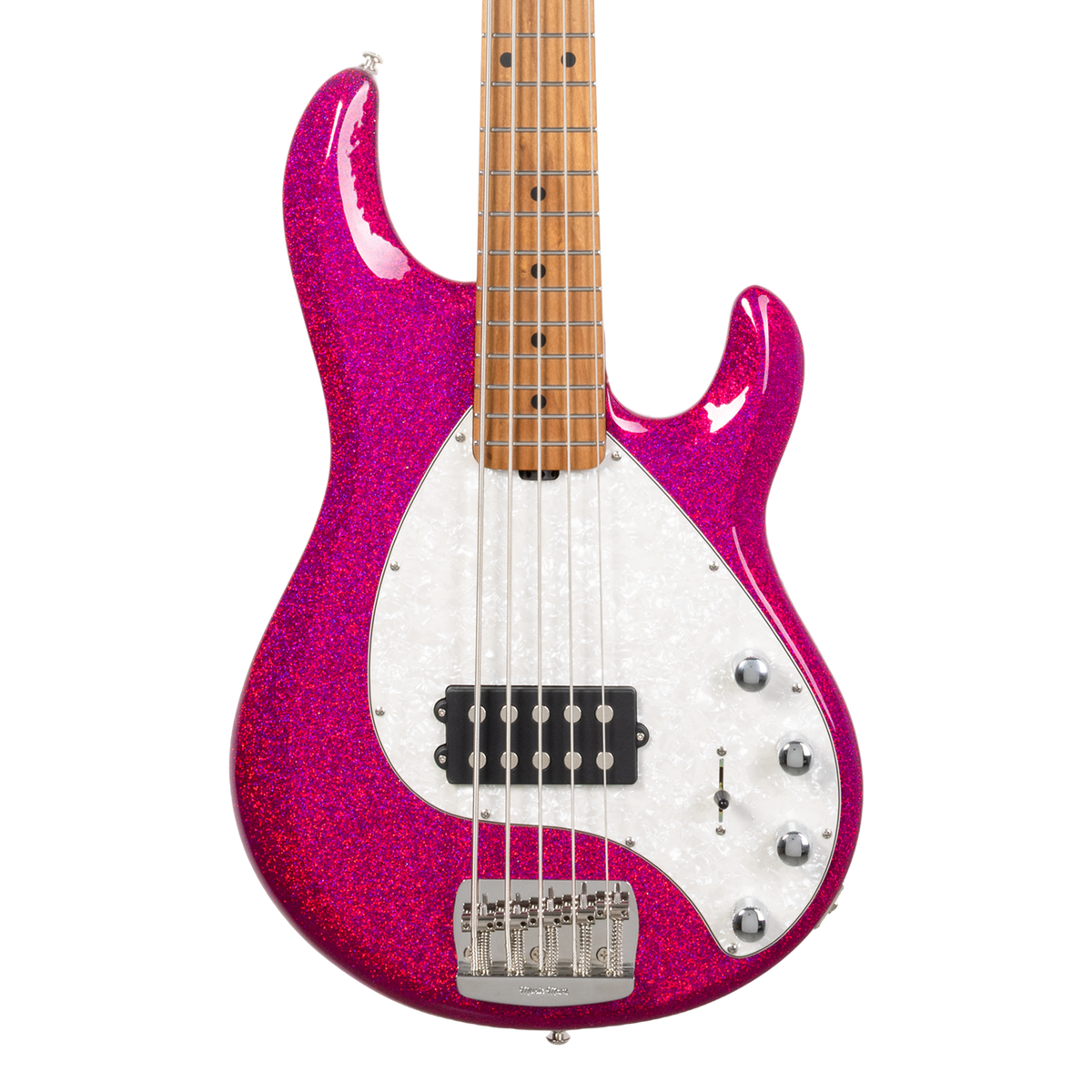Front of Ernie Ball Music Man StingRay Special 5 Soda Pink Sparkle MP.
