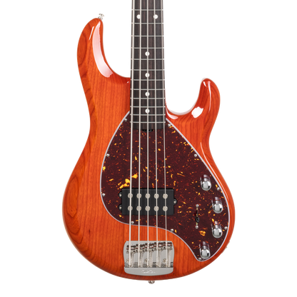 Front of Ernie Ball Music Man StingRay Special 5 Translucent Orange RW.
