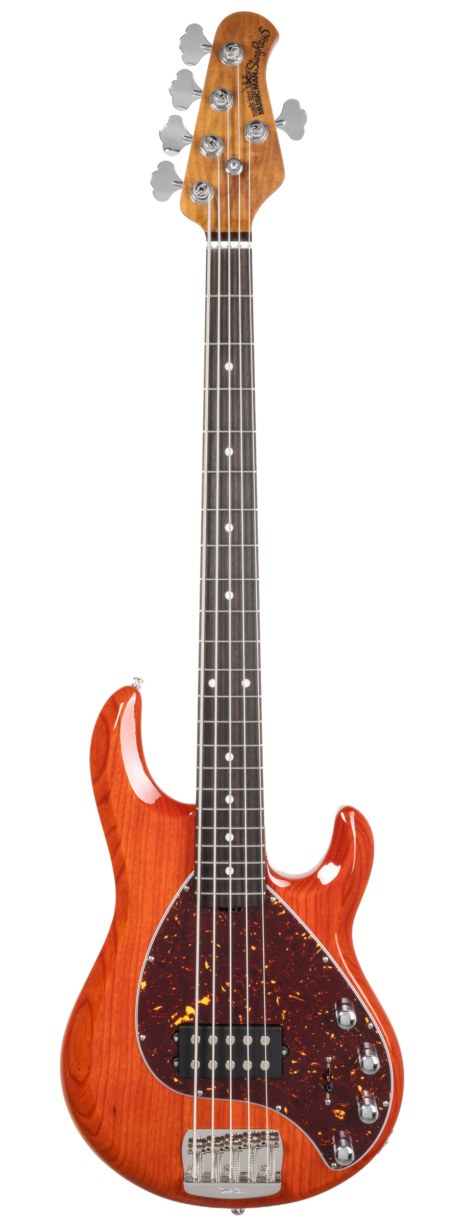 Front right angle of Ernie Ball Music Man StingRay Special 5 Translucent Orange RW.