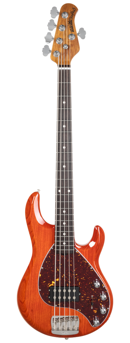 Front right angle of Ernie Ball Music Man StingRay Special 5 Translucent Orange RW.