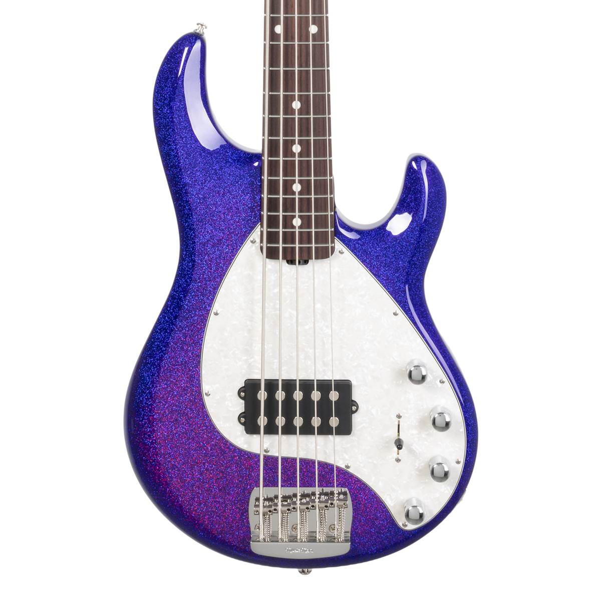Front of Ernie Ball Music Man StingRay Special 5 Violet Sparkle Burst RW.