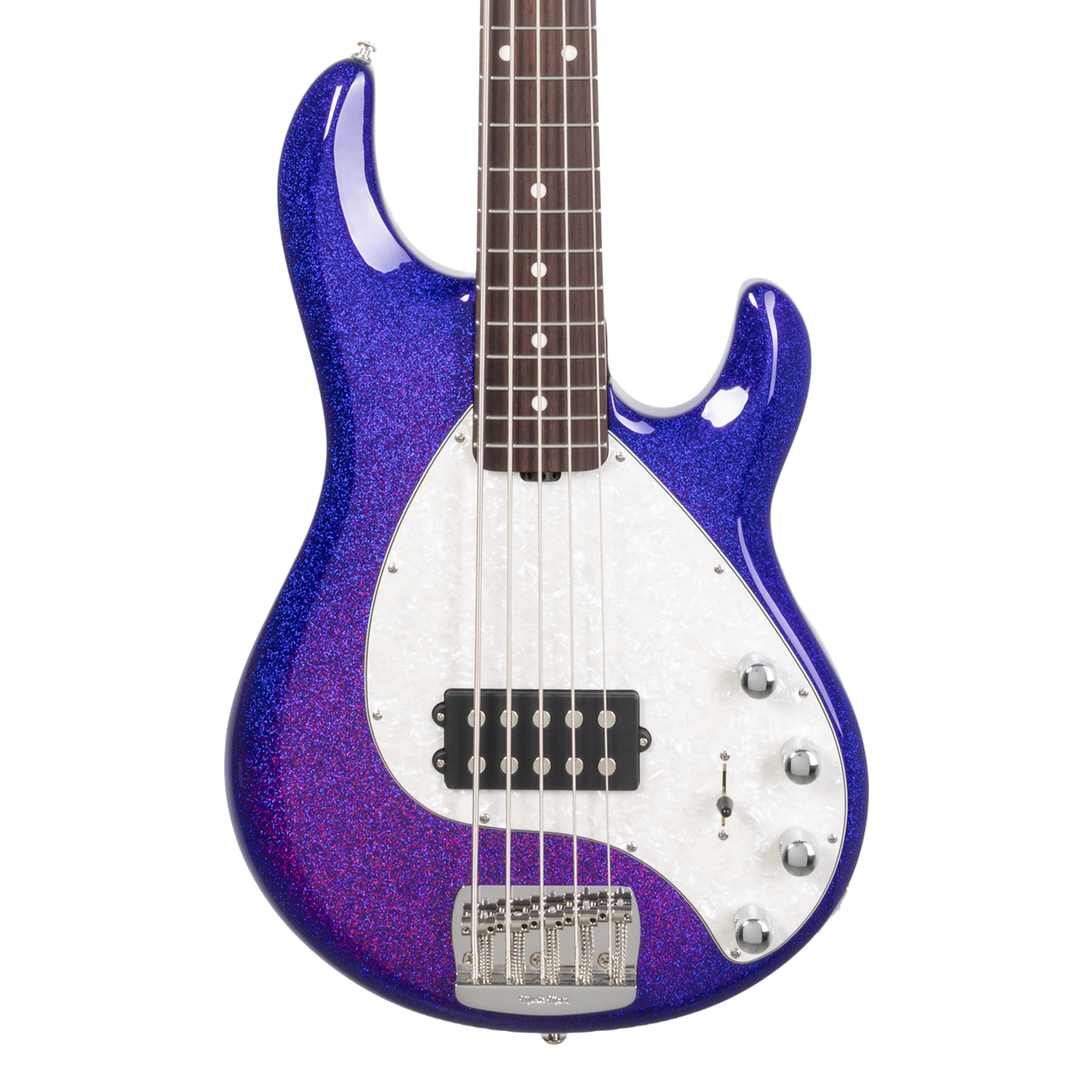 Front of Ernie Ball Music Man StingRay Special 5 Violet Sparkle Burst RW.