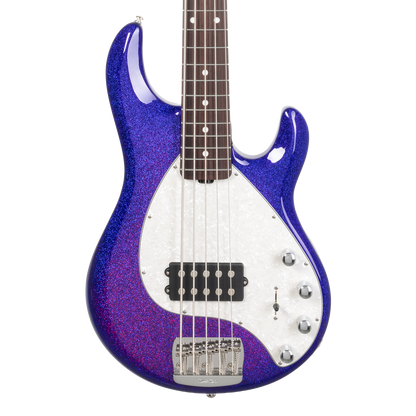Front of Ernie Ball Music Man StingRay Special 5 Violet Sparkle Burst RW.