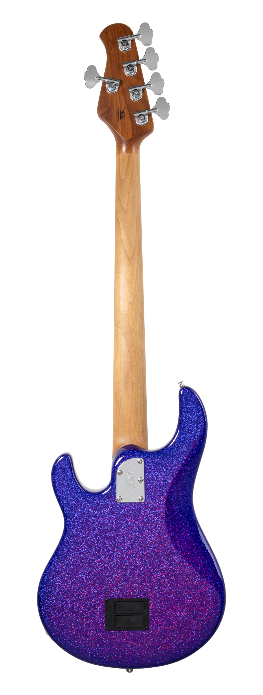 Back of Ernie Ball Music Man StingRay Special 5 Violet Sparkle Burst RW.