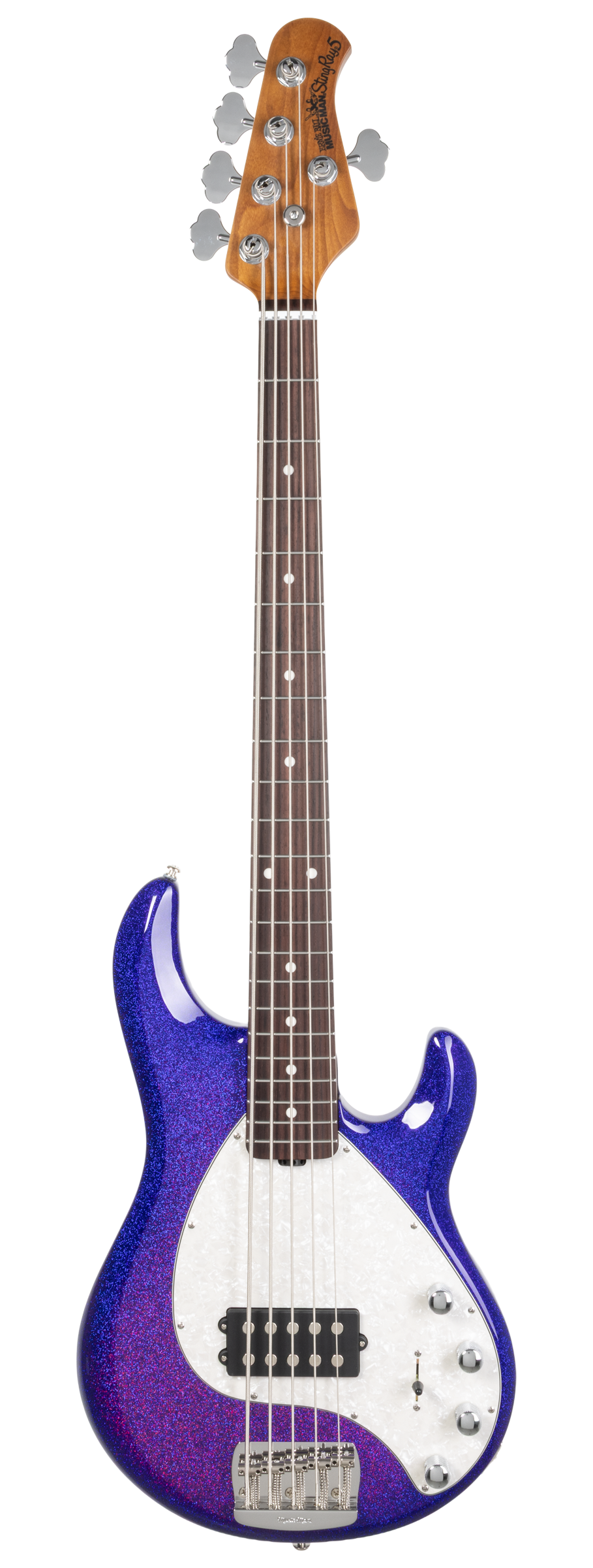 Full frontal of Ernie Ball Music Man StingRay Special 5 Violet Sparkle Burst RW.