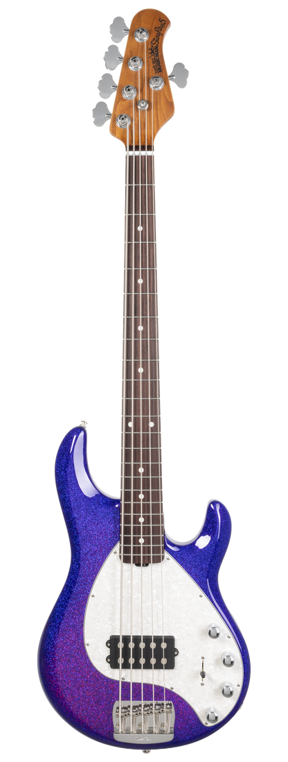 Full frontal of Ernie Ball Music Man StingRay Special 5 Violet Sparkle Burst RW.