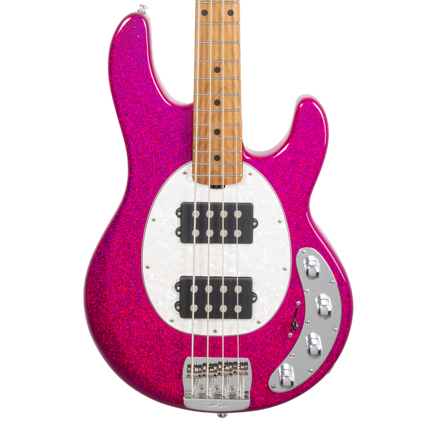 Front of Ernie Ball Music Man StingRay Special HH Soda Pink Sparkle MP.