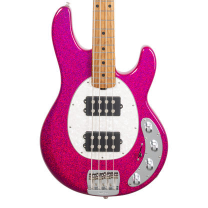Front of Ernie Ball Music Man StingRay Special HH Soda Pink Sparkle MP.