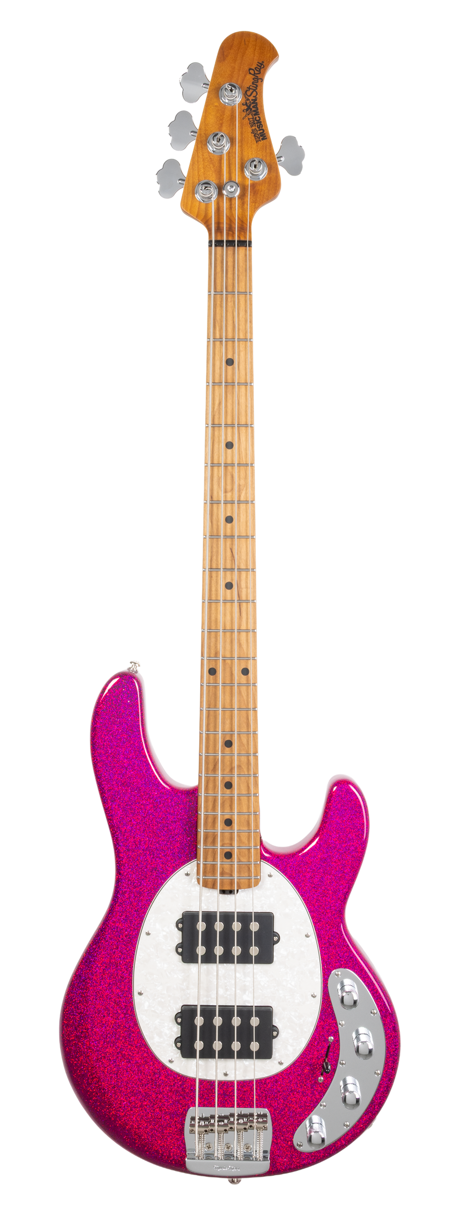 Full frontal of Ernie Ball Music Man StingRay Special HH Soda Pink Sparkle MP.