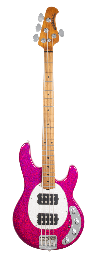 Full frontal of Ernie Ball Music Man StingRay Special HH Soda Pink Sparkle MP.