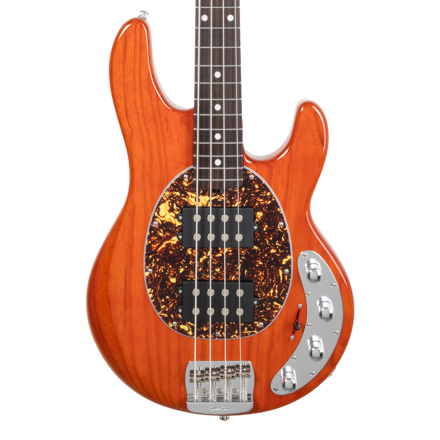 Front of Ernie Ball Music Man StingRay Special HH Translucent Orange RW.