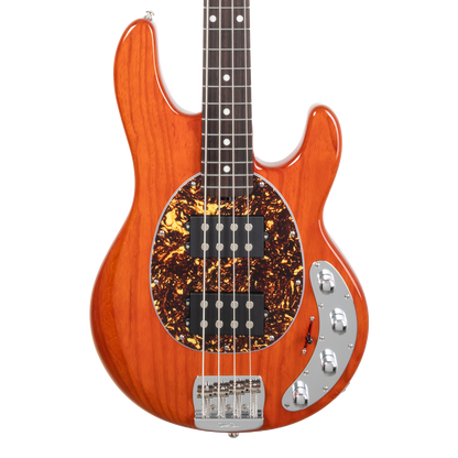 Front of Ernie Ball Music Man StingRay Special HH Translucent Orange RW.