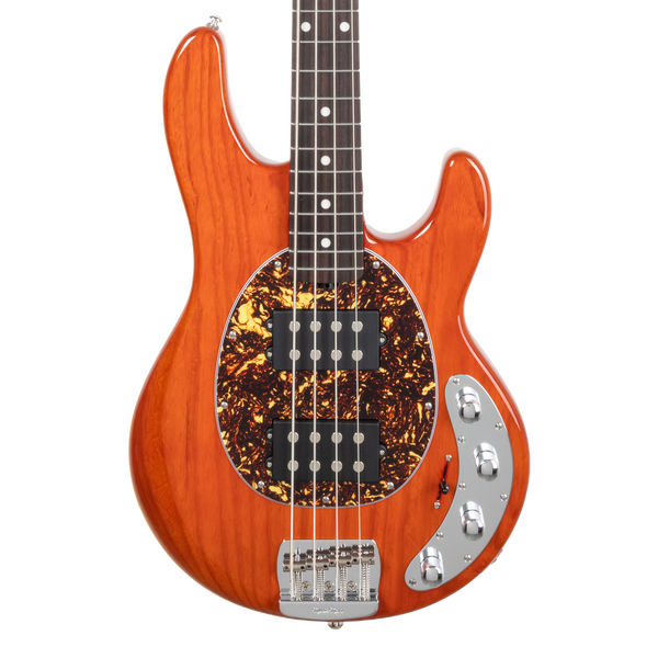 Front of Ernie Ball Music Man StingRay Special HH Translucent Orange RW.