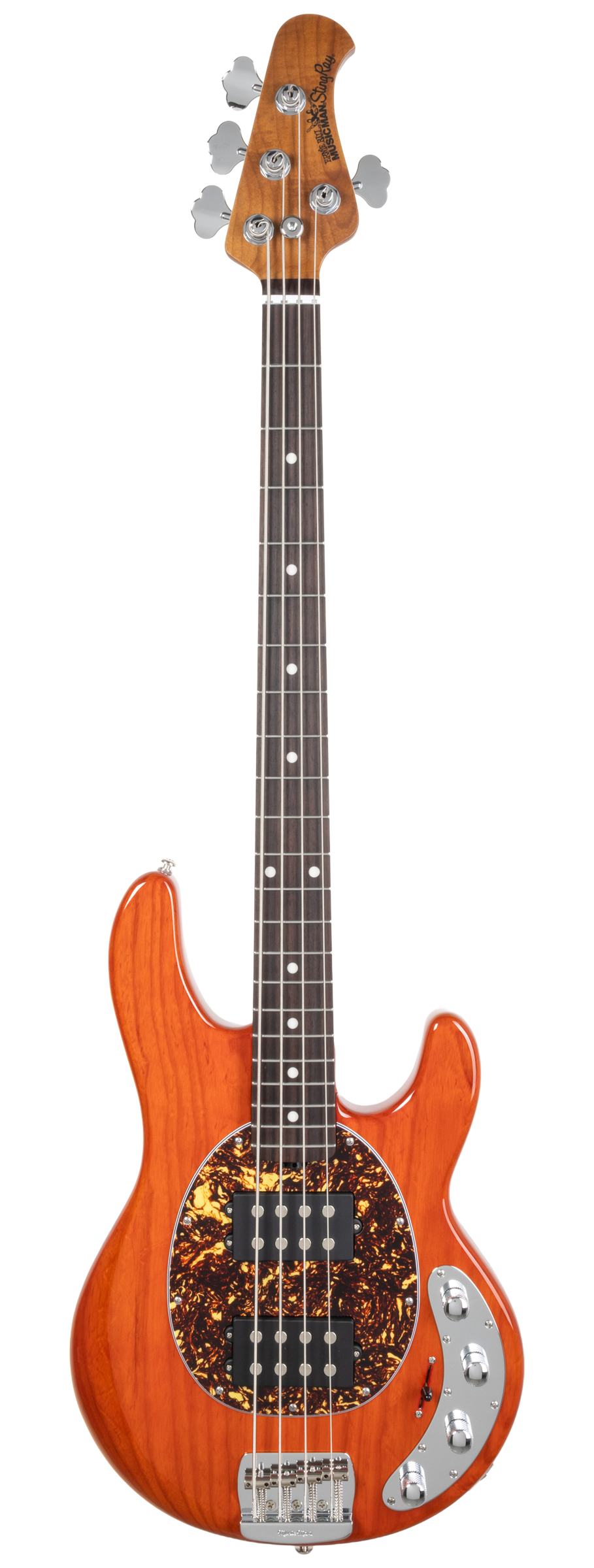 Full frontal of Ernie Ball Music Man StingRay Special HH Translucent Orange RW.