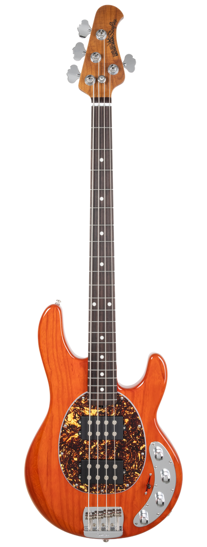 Full frontal of Ernie Ball Music Man StingRay Special HH Translucent Orange RW.