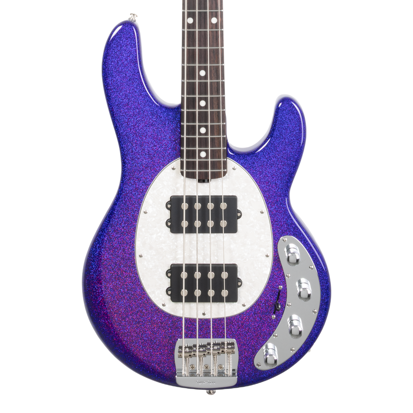 Front of Ernie Ball Music Man StingRay Special HH Violet Sparkle Burst RW.