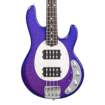 Front of Ernie Ball Music Man StingRay Special HH Violet Sparkle Burst RW.