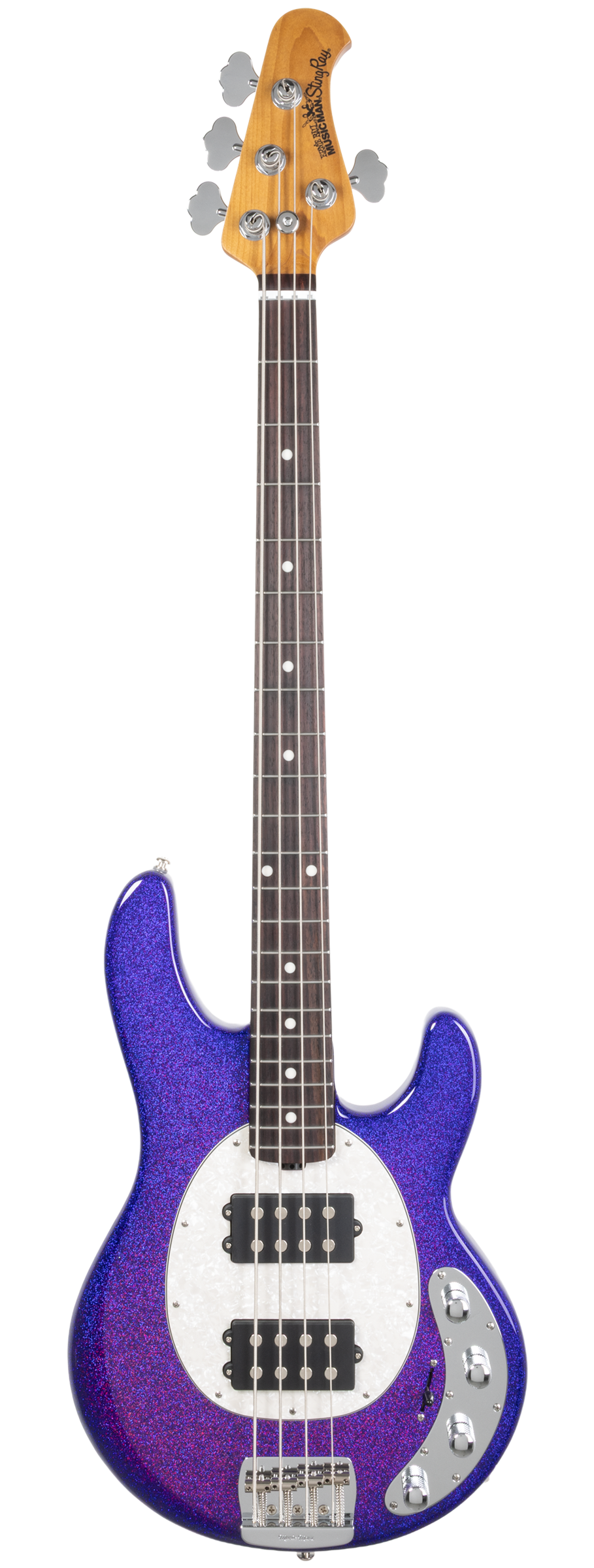 Full frontal of Ernie Ball Music Man StingRay Special HH Violet Sparkle Burst RW.