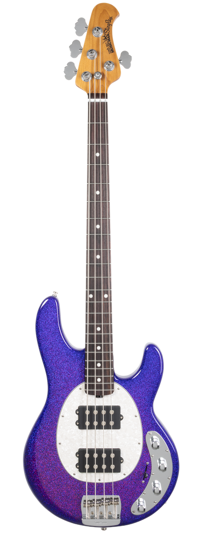 Full frontal of Ernie Ball Music Man StingRay Special HH Violet Sparkle Burst RW.