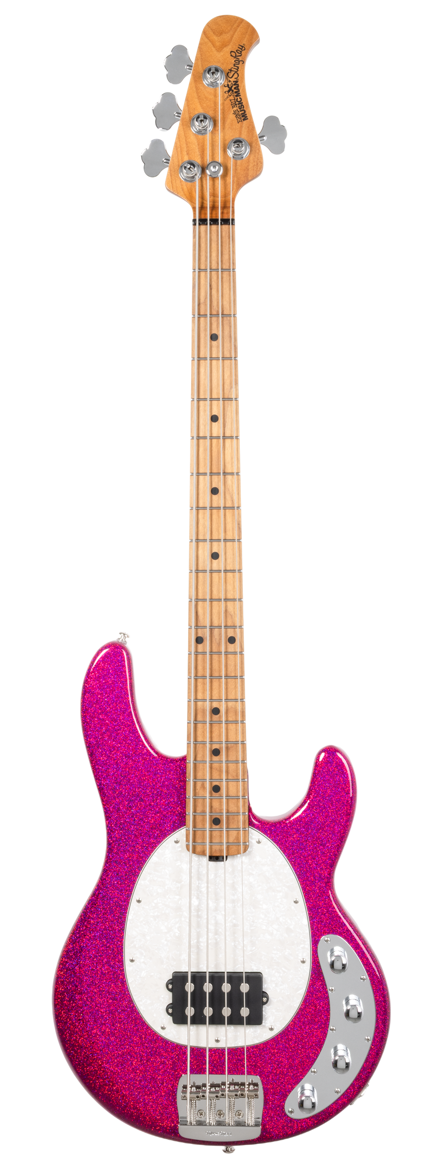 Full frontal of Ernie Ball Music Man StingRay Special Soda Pink Sparkle MP.