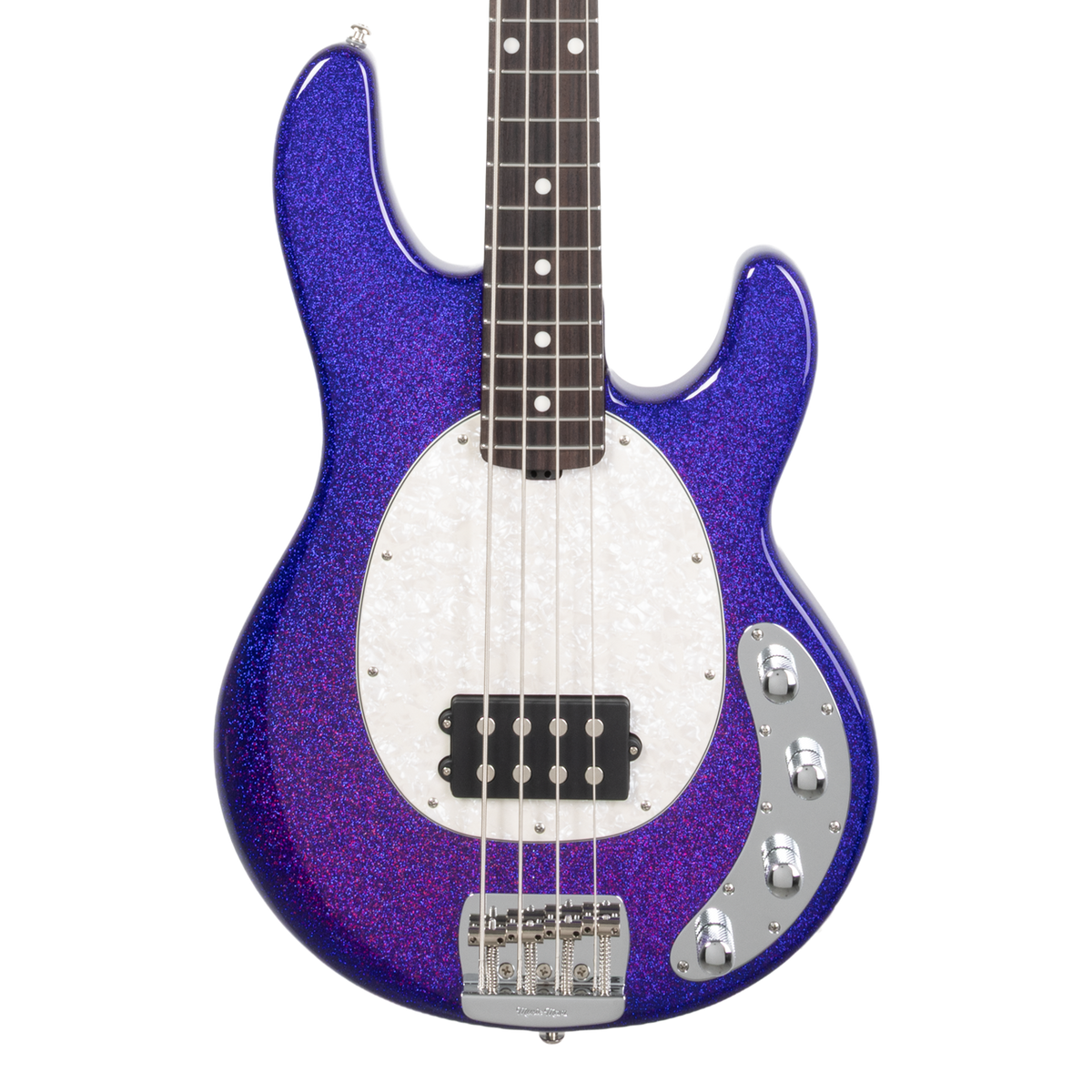 Front of Ernie Ball Music Man StingRay Special Violet Sparkle Burst RW.