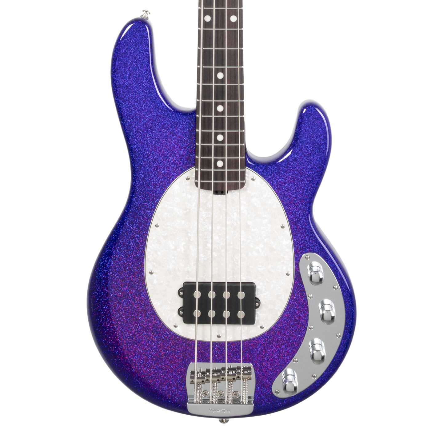 Front of Ernie Ball Music Man StingRay Special Violet Sparkle Burst RW.