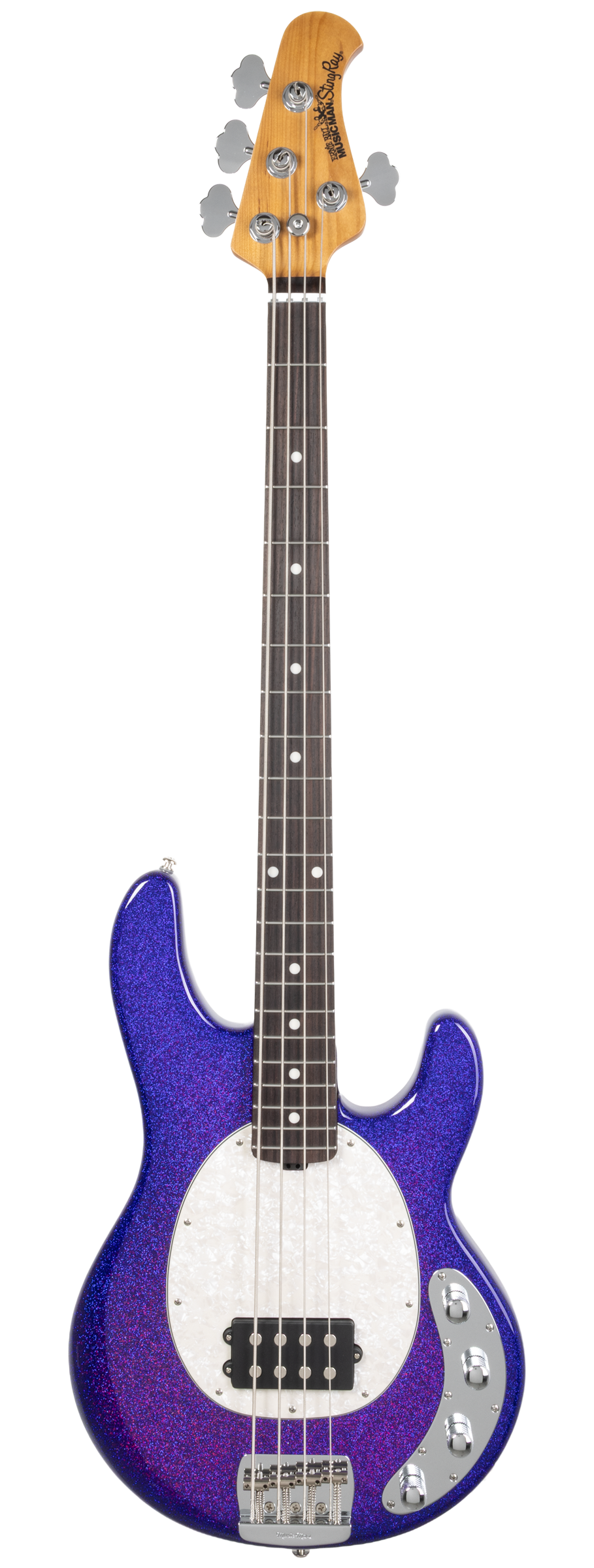 Full frontal of Ernie Ball Music Man StingRay Special Violet Sparkle Burst RW.