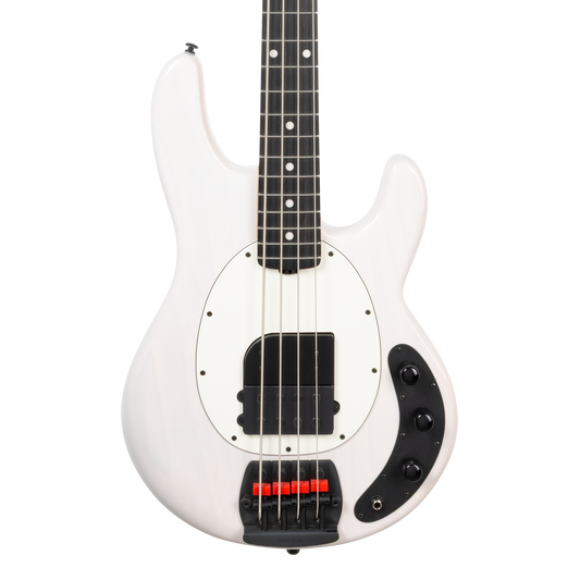 Front of Ernie Ball Tim Commerford Stingray Passive Fight Night White.