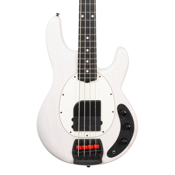 Front of Ernie Ball Tim Commerford Stingray Passive Fight Night White.