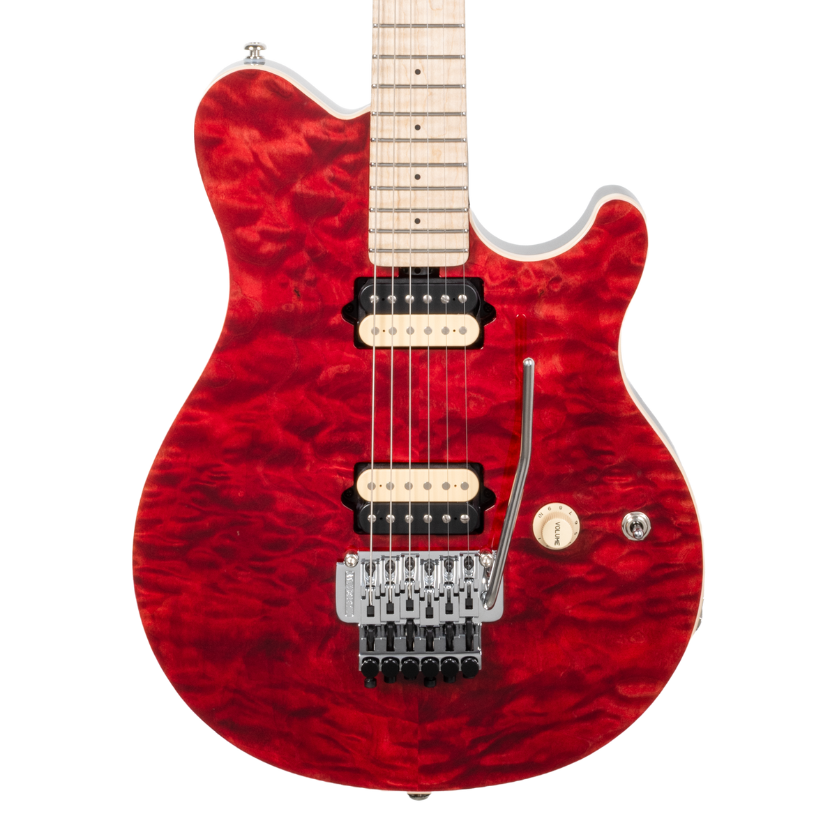 Front of Ernie Ball Music Man 30th Anniversary Axis Translucent Red Quilt.