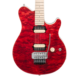 Front of Ernie Ball Music Man 30th Anniversary Axis Translucent Red Quilt.