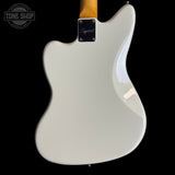 Squier J Mascis Jazzmaster Olympic= White electric guitar body with a visible brand logo on a black background