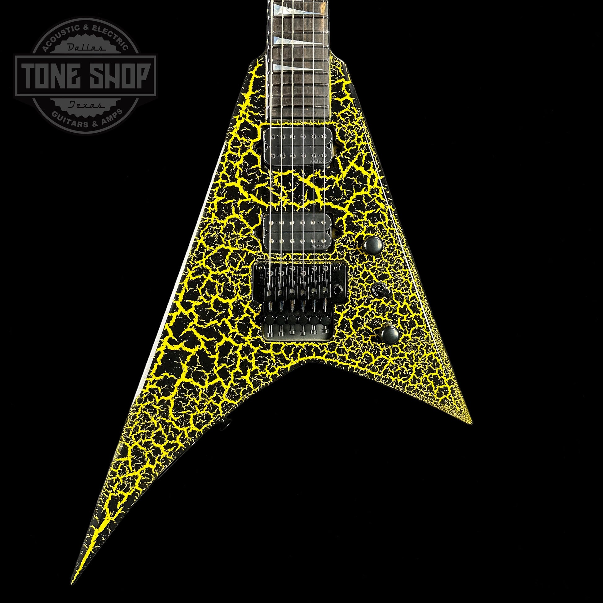Front of body of Jackson Custom Shop Limited Edition Randy Rhoads Nos Black With Yellow Crackle.