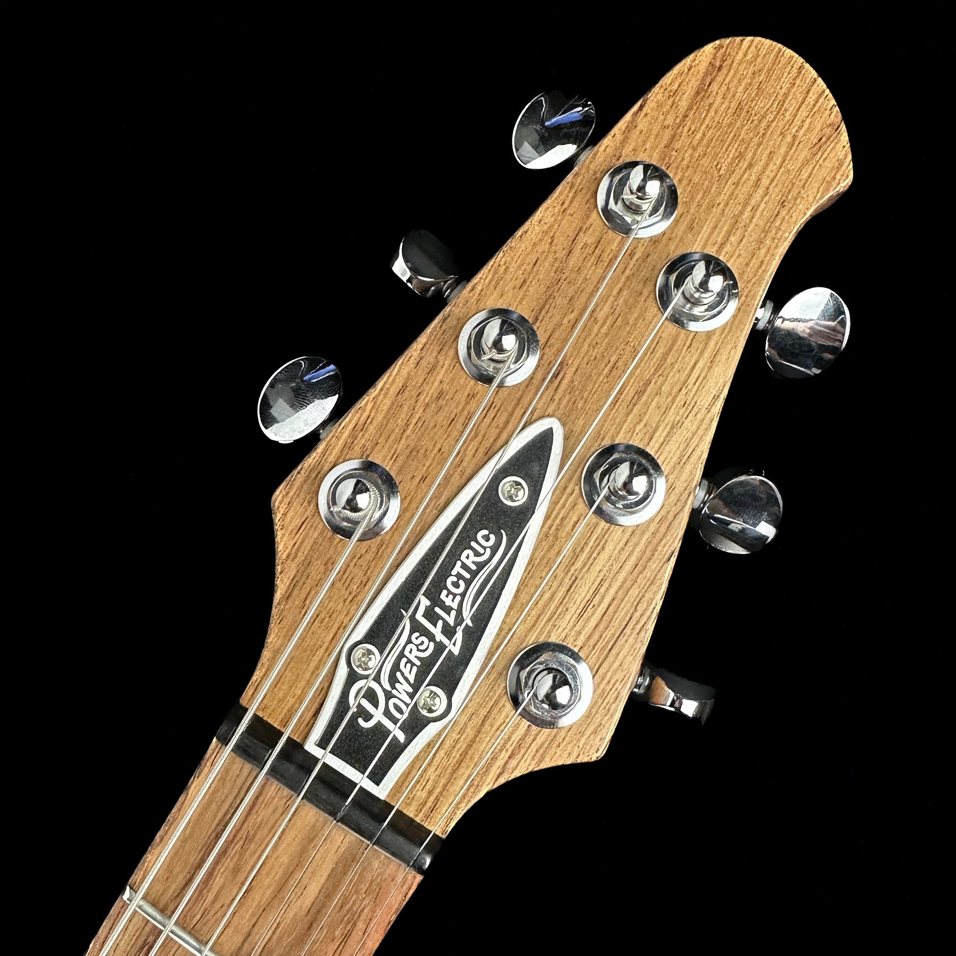 Front of headstock of Powers Electric A-Type Dolomite Silver FF42 Pearloid.