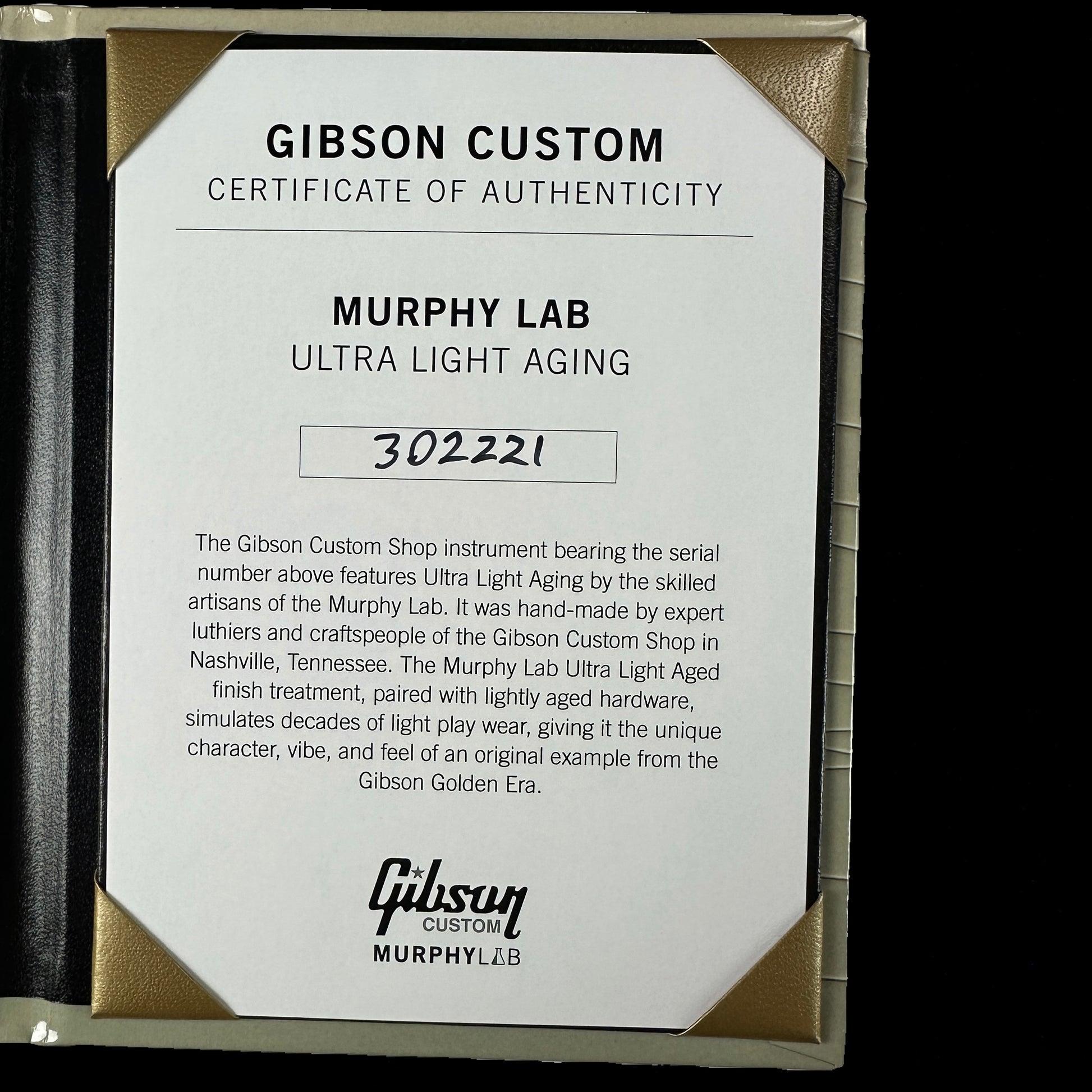 Certificate of authenticity for Gibson Custom Shop M2M 61 SG Standard Double Gold Stop Bar Murphy Lab Ultra Light Aged.