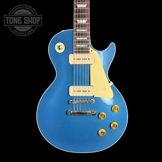 Front of body of Gibson Custom Shop M2M 1956 Les Paul Standard Chambered Pelham Blue Top VOS.