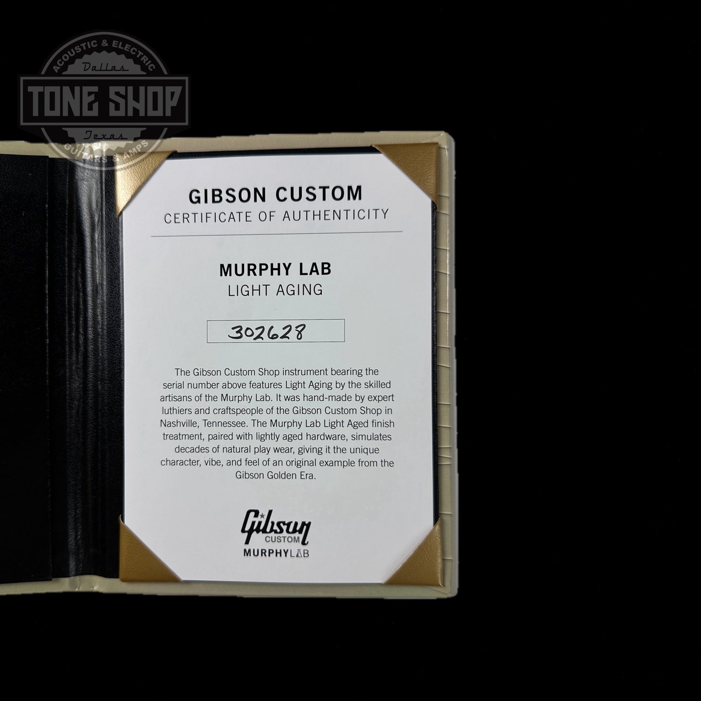 Certificate of authenticity for Gibson Custom Shop M2M 1968 Les Paul Custom Heavy Antique White Murphy Lab Light Aged GH.