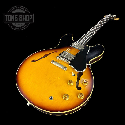 Front angle of Gibson Custom Shop 1958 ES-335 Faded Tobacco Sunburst Murphy Lab Heavy Aged Limited.