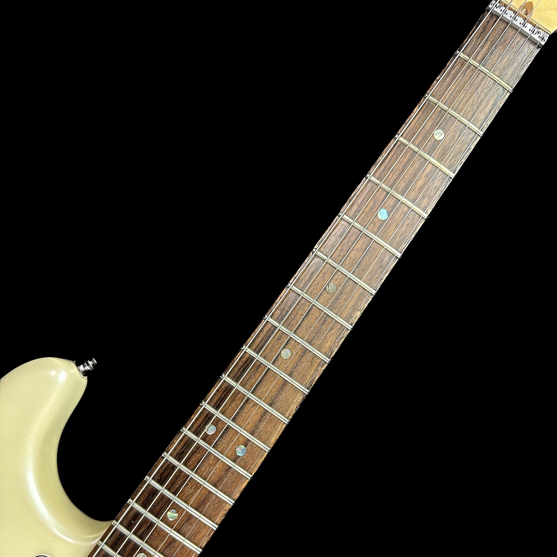 Fretboard of Used 2006 Fender American Deluxe Stratocaster HSS Olympic White.