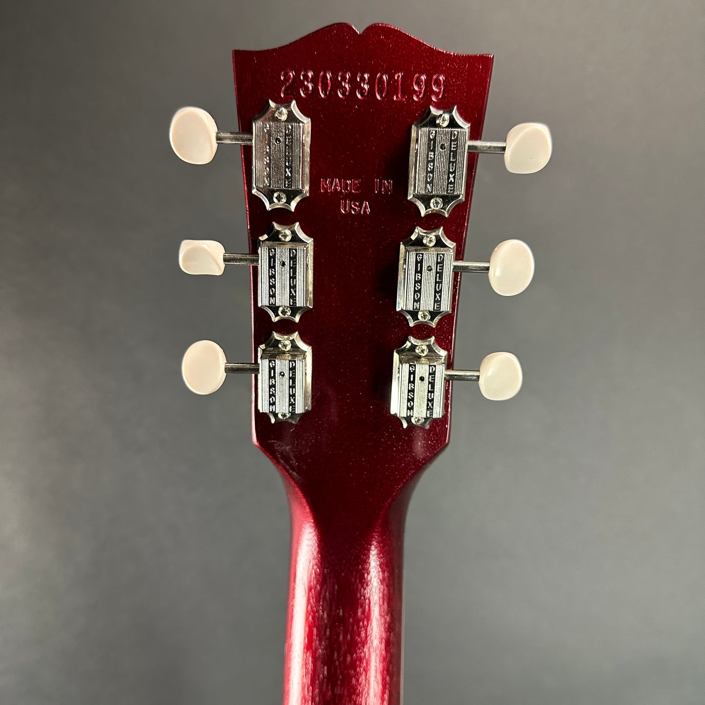 Back of headstock of Used Gibson Rick Beato Les Paul Special Double Cut Cherry.
