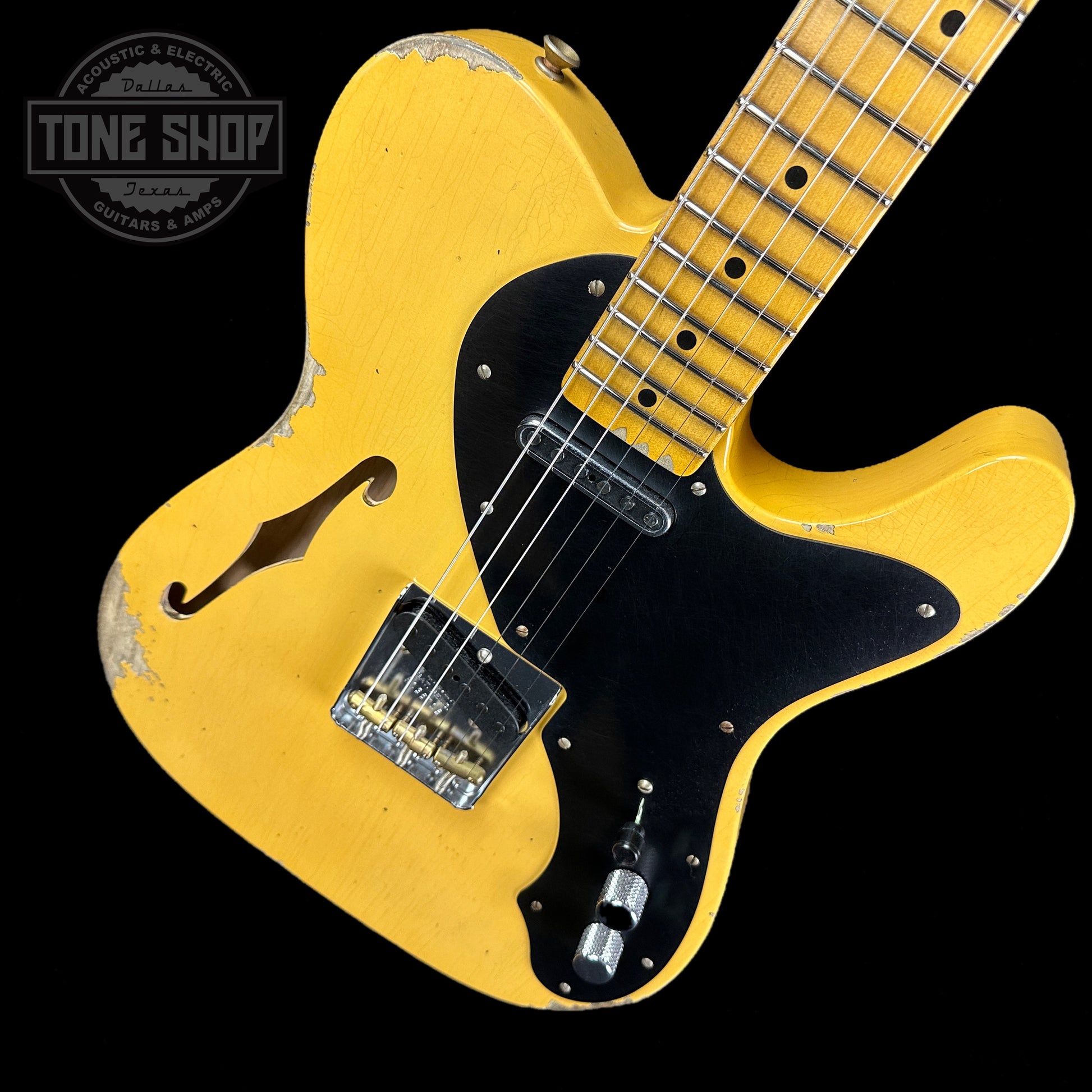 Front angle of Fender Custom Shop 2023 Collection Ltd Nocaster Thinline Relic Aged Nocaster Blonde.