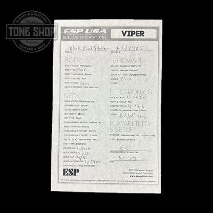 Spec sheet for ESP USA Viper Black Blood Splatter.