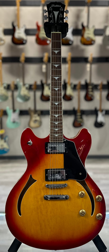 Full front of Used Tradition Semi-Hollow Cherry Burst w/case TSS4045