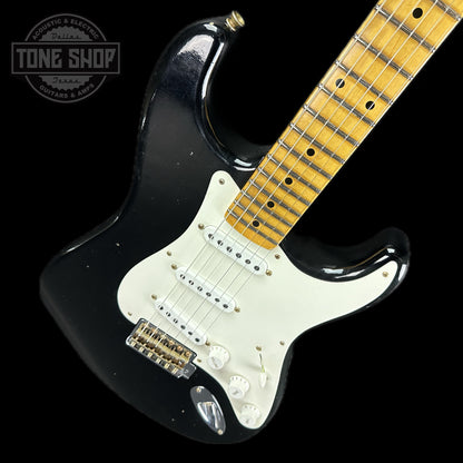 Front angle of Fender 1956 Stratocaster Journeyman Relic Maple Neck Aged Black.